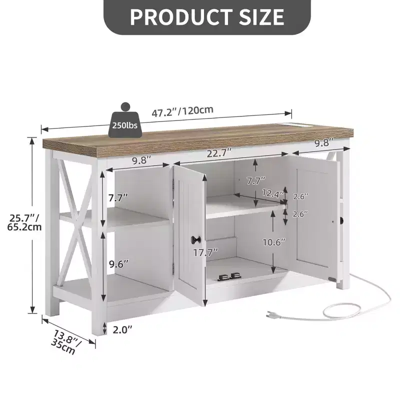 Farmhouse TV Stand for 55 Inch TV, Entertainment Center with Power Outlet & Adjustable Shelves, TV Media Console Table for Living Room