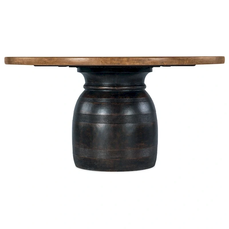 Round Pedestal Dining Table Rustic Hickory Veneer Charred Black Base Brown
