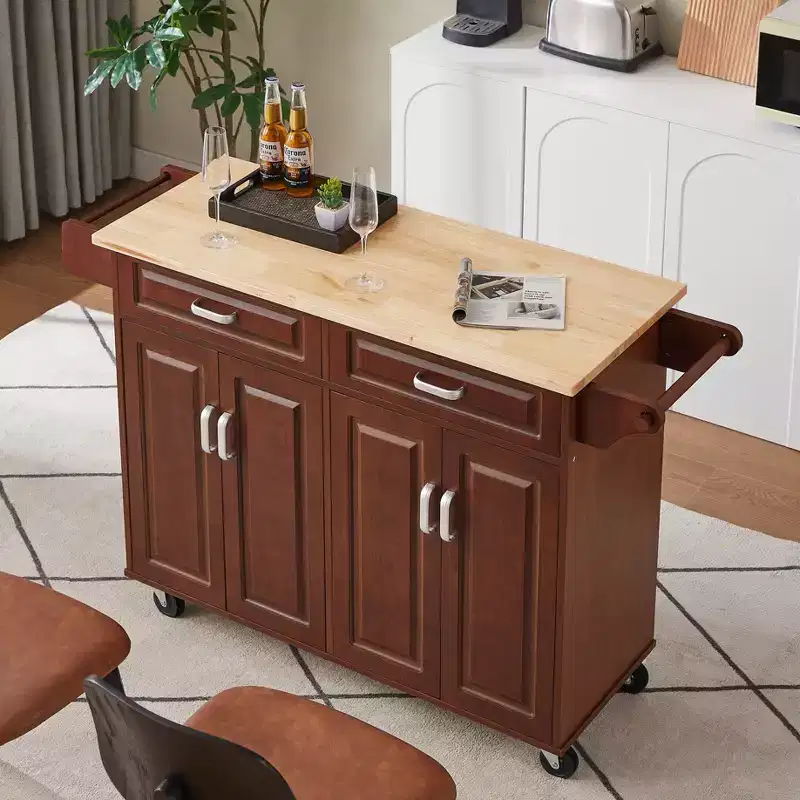 FAMYYT Brown Drop Leaf Wood Top 54 in. Kitchen Island Cart with 2 Drawers, Locking Casters, and Storage Shelves