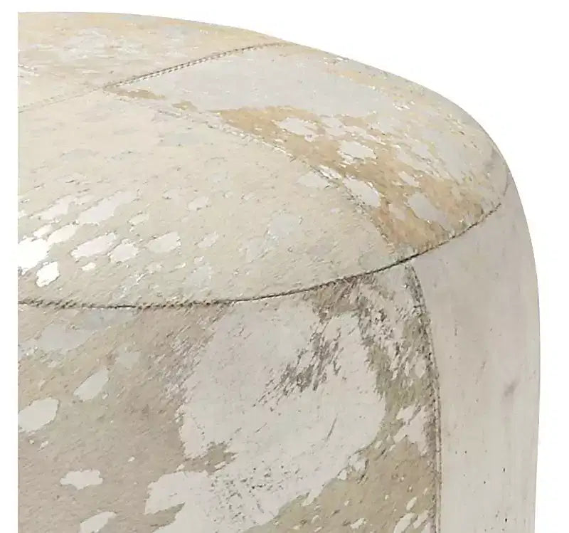 17 Round Leather Hide Pouf Ottoman, Silver and White