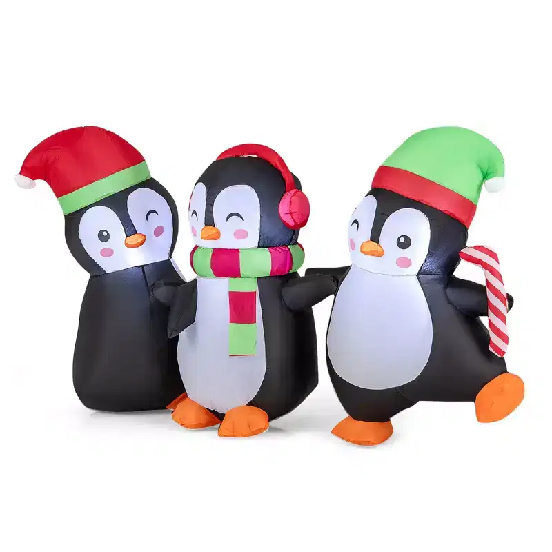 Gymax Inflatable Xmas Penguins Family Decoration w/ LED Lights & Water Bags Pre-Lit Festive Blowup Set for Indoor & Outdoor