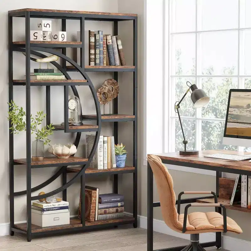 175 cm 5-Tier Etagere Bookcase �C Half-Moon Geometric Design, Brown & Black