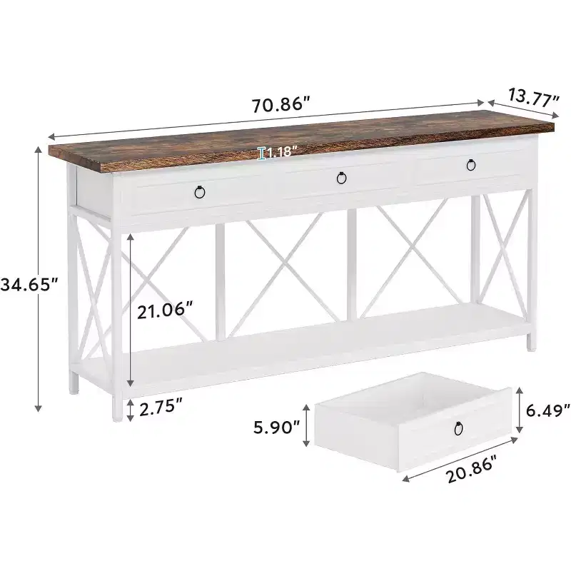 70.8-Inch Console Table with 3 Drawers, Farmhouse Entryway Table with Storage Shelf for Entryway, Hallway, White & Brown