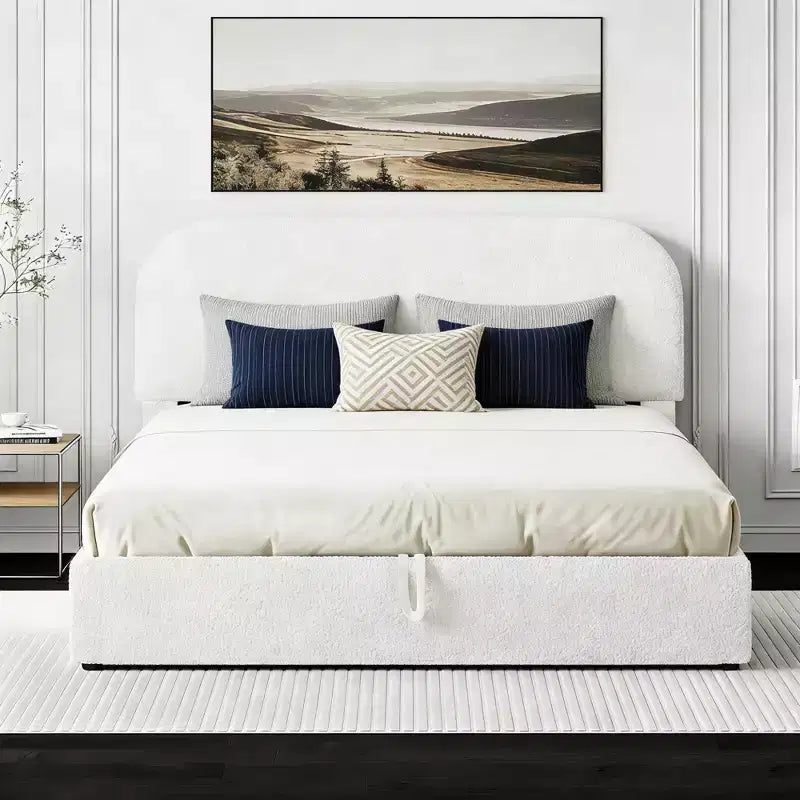 Queen Size Upholstered Bed with Lift-Up Storage - White