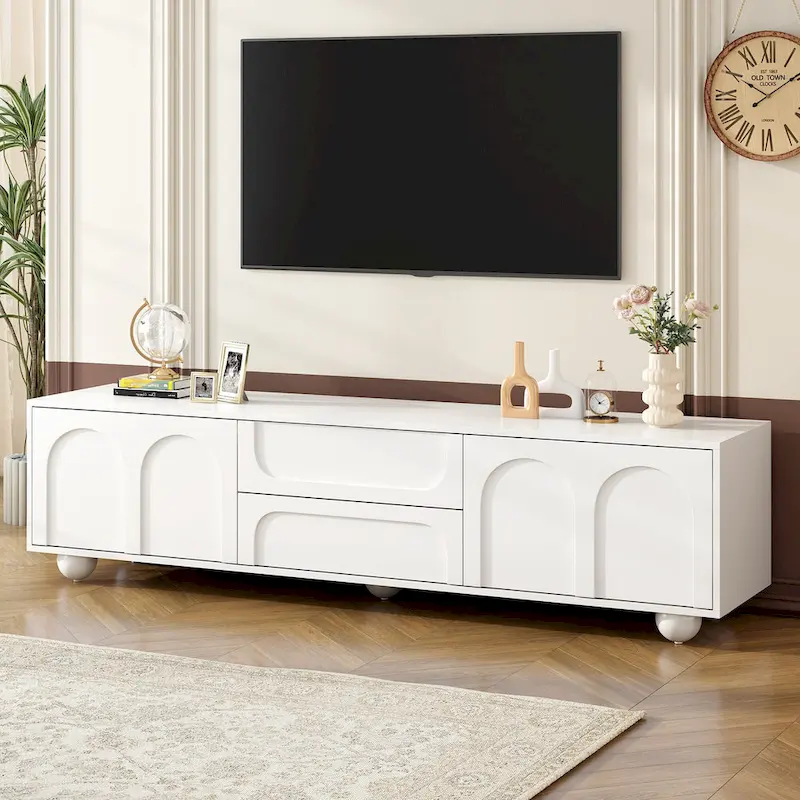 White Arched TV Stand with 2 Cabinets & 2 Drawers, Fits up to 75" TV