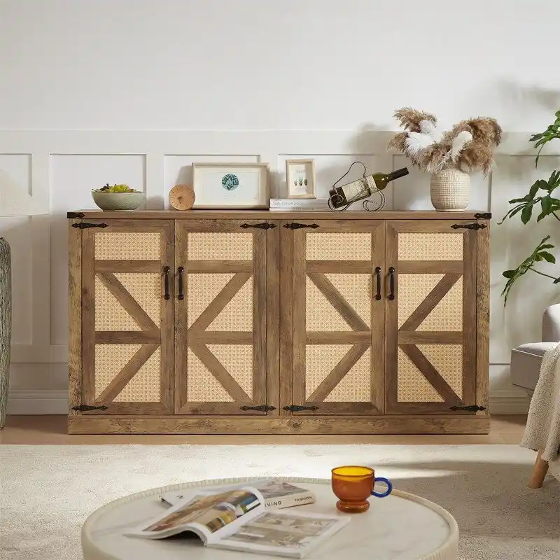 64.96W Rattan Sideboard with 4-Door Storage Cabinet - N/A