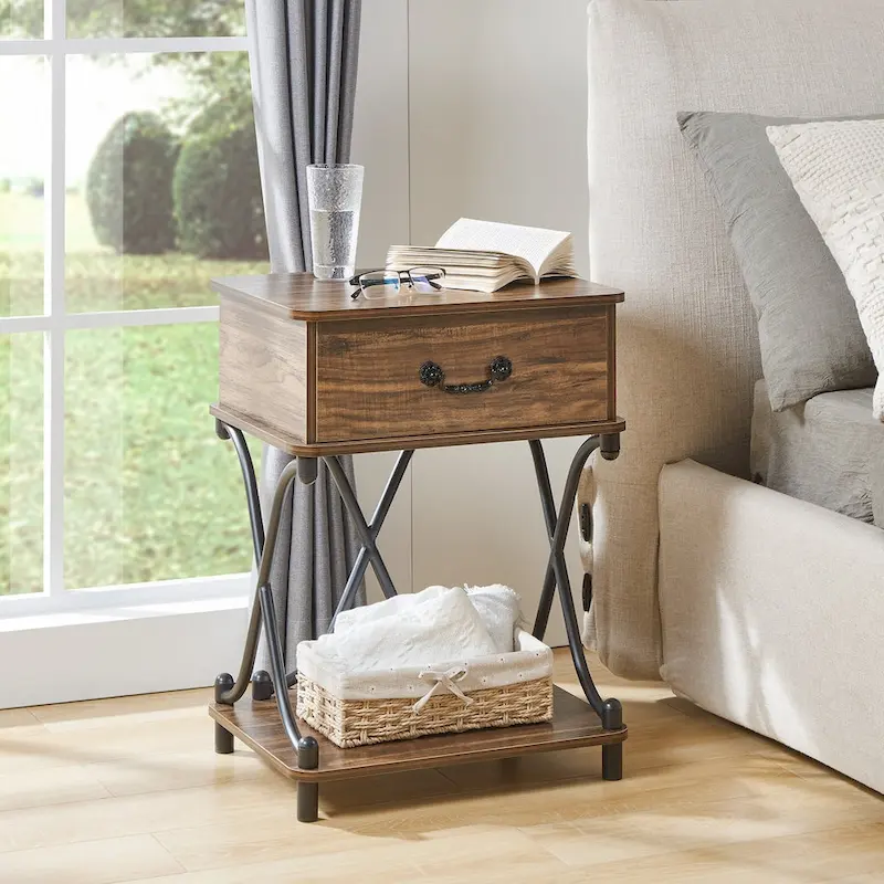 White / Brown / Black Nightstand with 1 Drawer, Open Shelf, Faux Marble Top & Gold Metal X-Frame