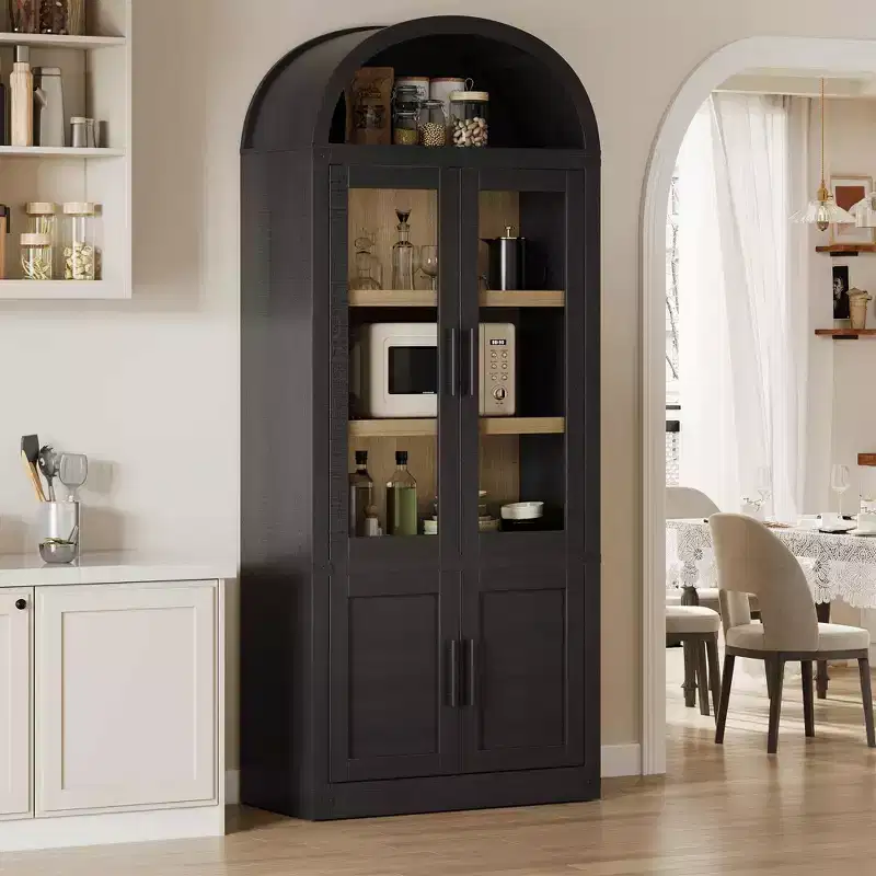 6-Tier Bookcase with Glass Doors and Arched Top
