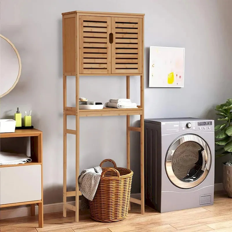 Bamboo Over-The-Toilet Organizer Cabinet, Bathroom Storage Shelf with Doors and Shelves Freestanding Space Saver