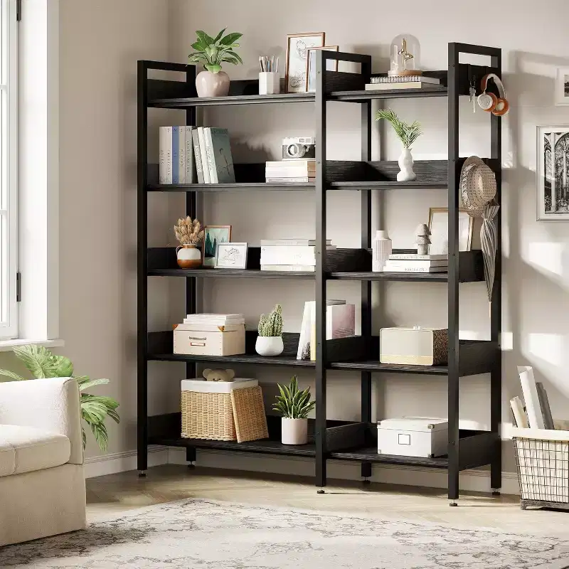5-Tier Corner Bookshelf with 4 Hooks, Convertible L-Shape or Straight, Black/White