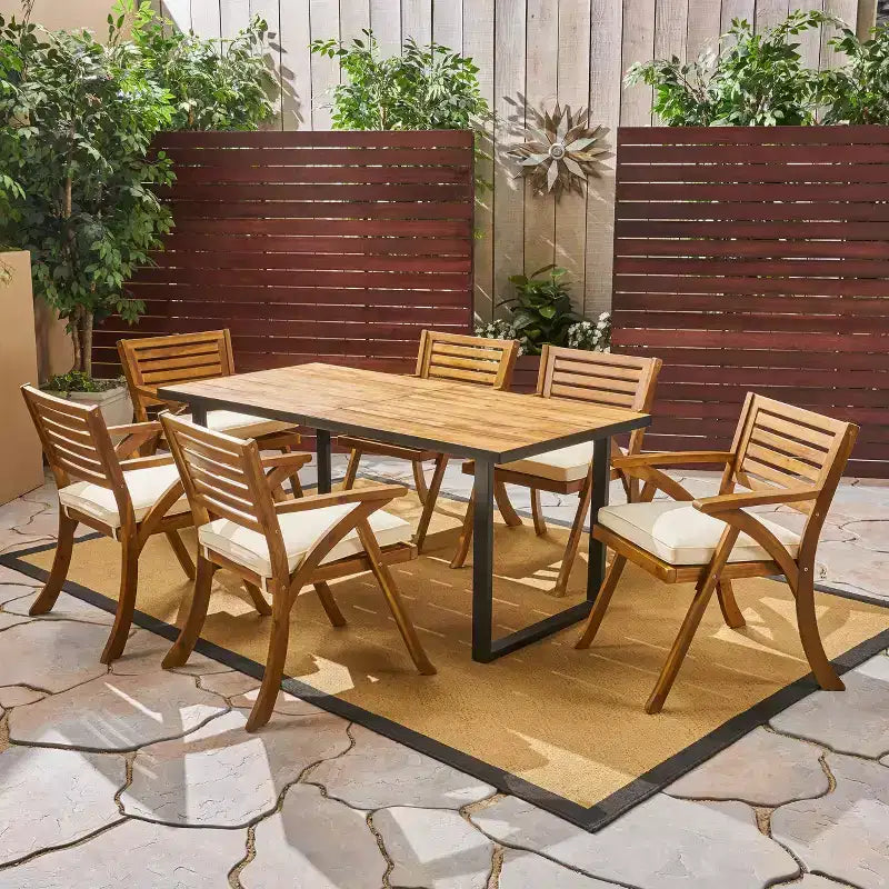Christopher Knight Home Lovell Outdoor Acacia Wood and Iron 7 Piece Dining Set with Cushion, Teak and Cream