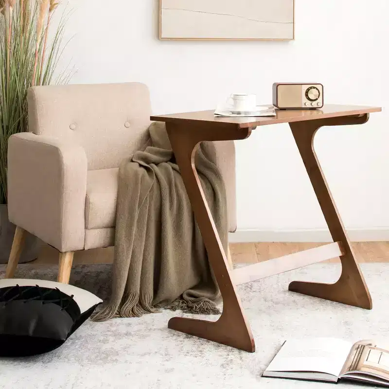 Costway Bamboo Sofa Side Table Z-Shaped Spacious Tabletop Space-Saving TV Snack Tray Natural/Brown