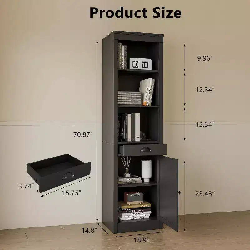 71 Tall Bookcase with Drawer & Cabinet Doors - 3-Tier Adjustable Shelf Storage Cabinet for Living Room, Office, Bedroom, Black
