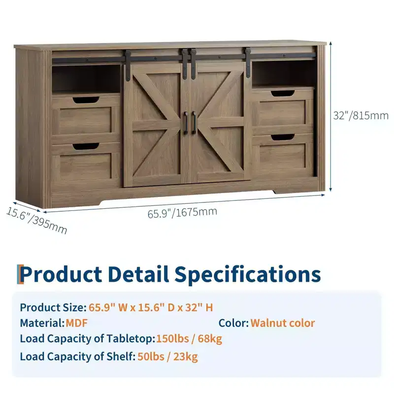 Modern TV Stand for TVs Up to 70'', 66 Entertainment Center with 4 Drawers and Sliding Barn Door, Wooden Media Console Table