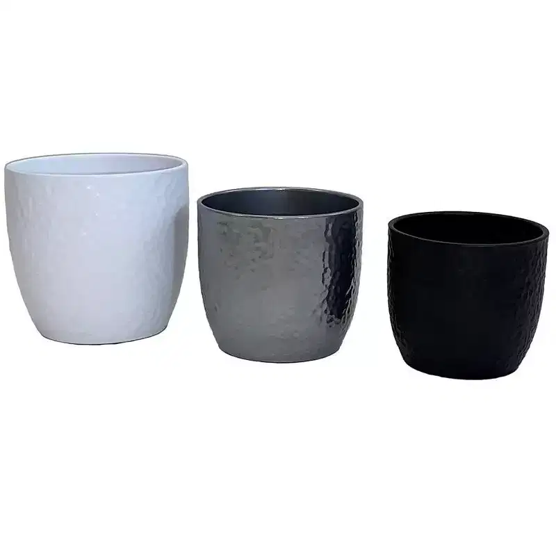 Ceramic Plant Pot 3-Piece Set  Hammered Design Indoor Pots, Matte White, Shiny Silver, Anthracite, Made in Germany, Waterproof, No Drainage Hole