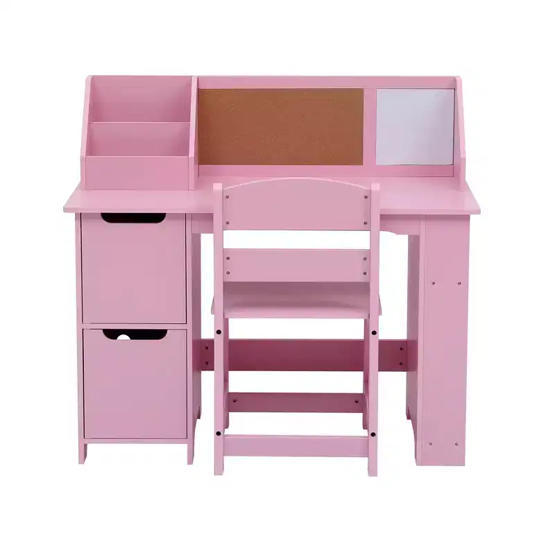 Kids Study Desk and Chair Set, Wooden School Learning Table with Storage, Hutch and Bulletin Board