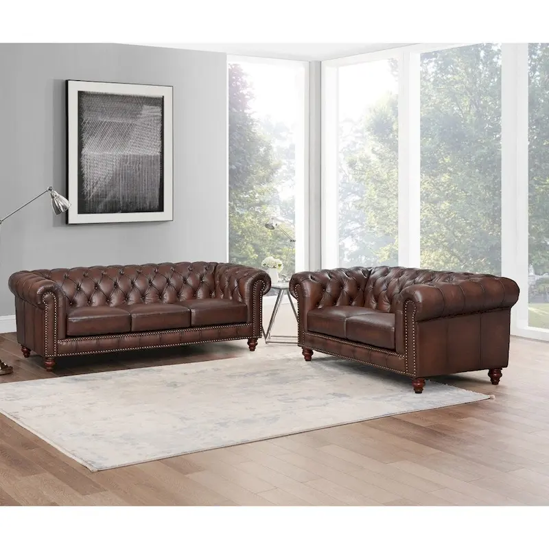 Hydeline Alton Bay Top Grain Leather Chesterfield Sofa and Loveseat - Sofa, Loveseat