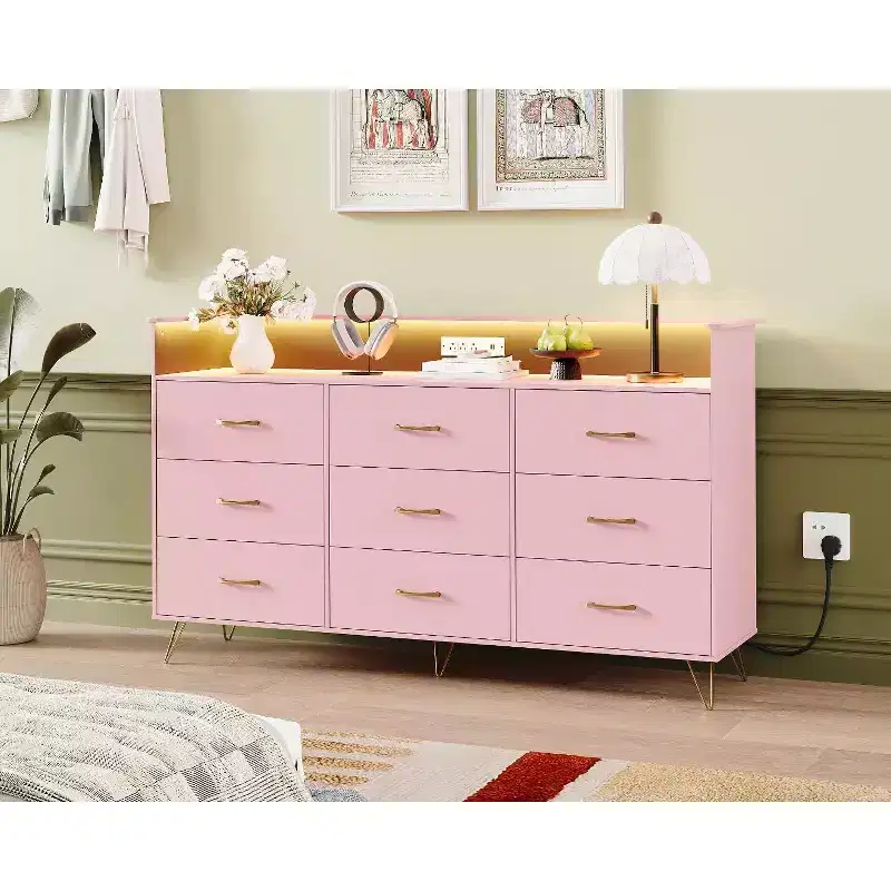 9-Drawer Tall Wooden Dresser, with APP-Controlled RGB Light & Charging Station for Living Room, Pink