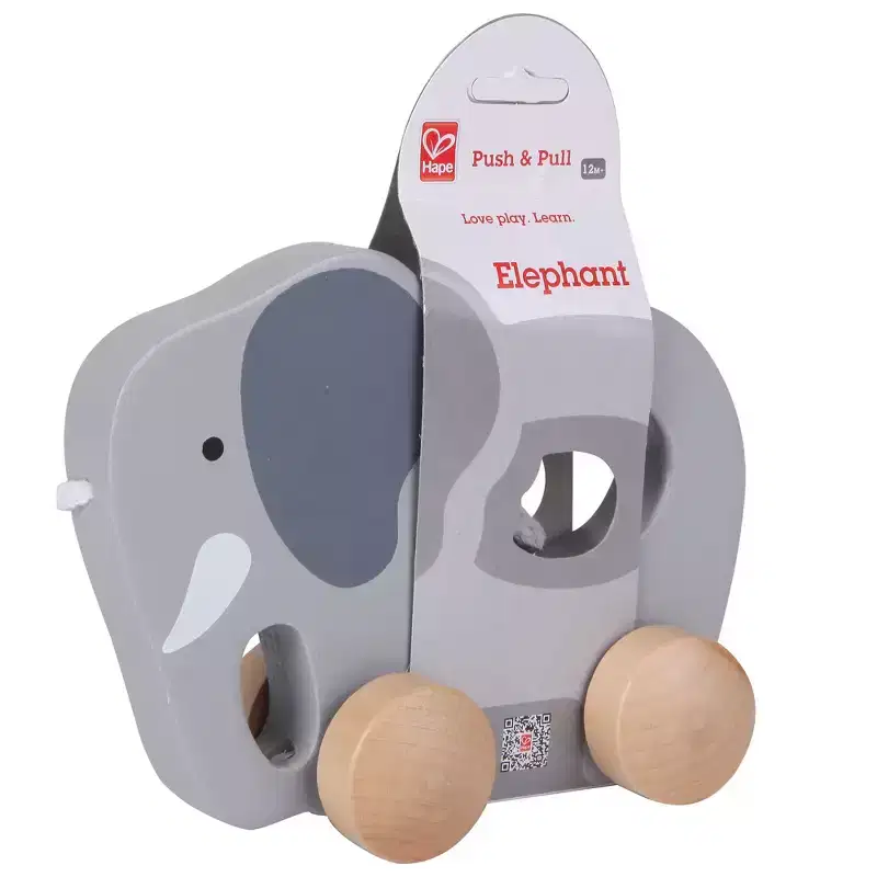 Hape: Push & Pull Elephant- Gray - Wooden Toy, Push-Pull-Grab, 1+