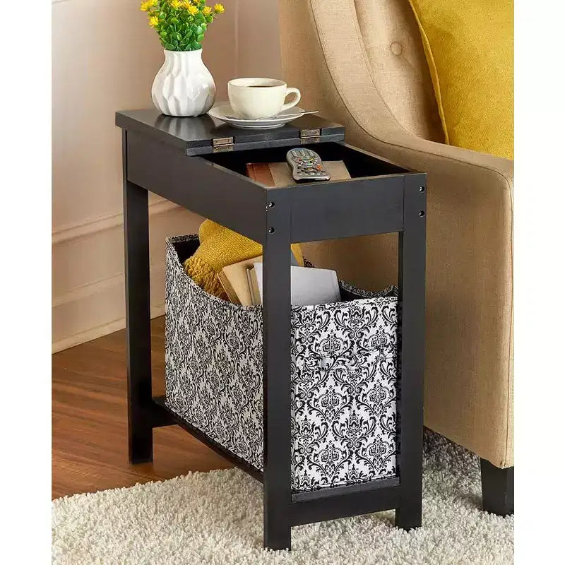 Side Table with Fashion Print Storage Bin - Wood with Fabric Basket