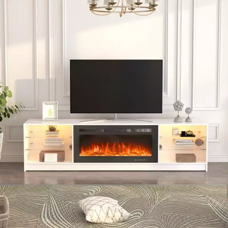 Fireplace TV Stand with 40" Electric Fireplace, Adjustable Glass Shelves, TV Console for TVs up to 79"