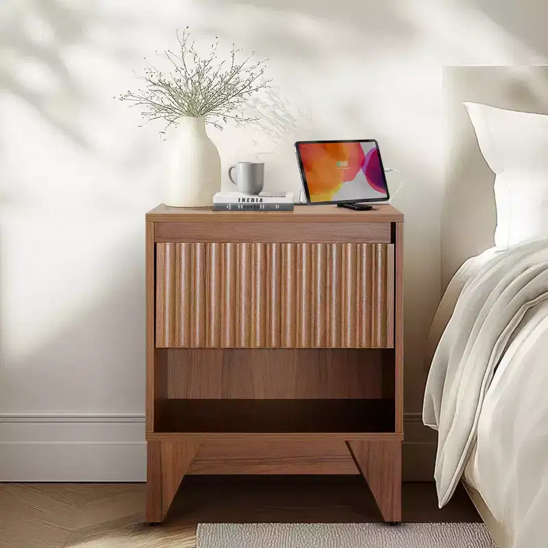 Brown Fluted 1-Drawer Nightstand with Charging Station, Single