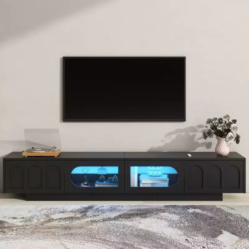 LED TV Stand with Glass Doors for 95 inch TV, Wood Media Console with Arched Cabinet Doors and APP Controlled for Living Room