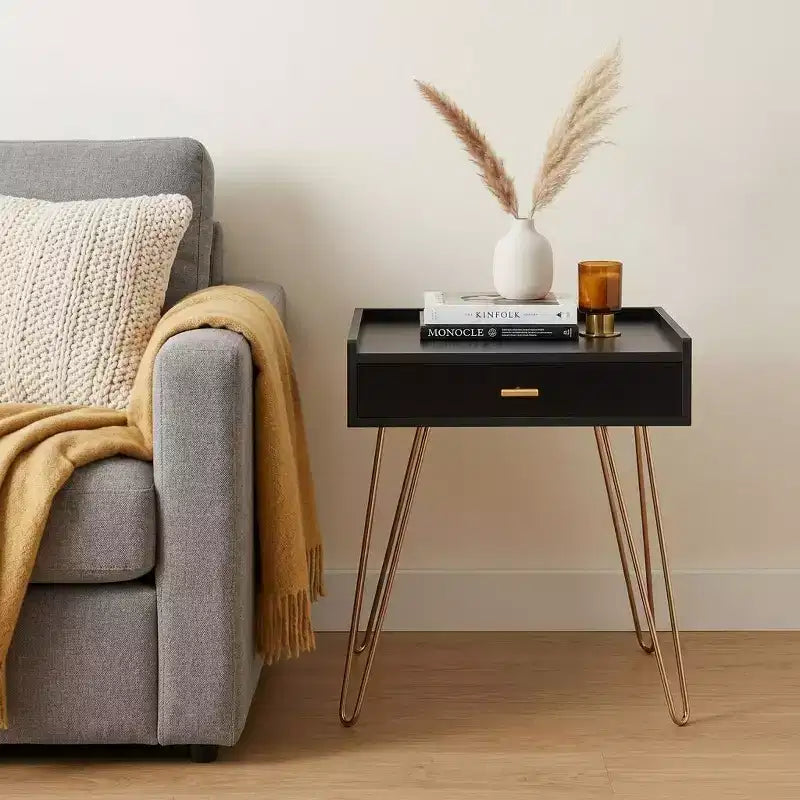 24 Gold And Black End Table With Drawer