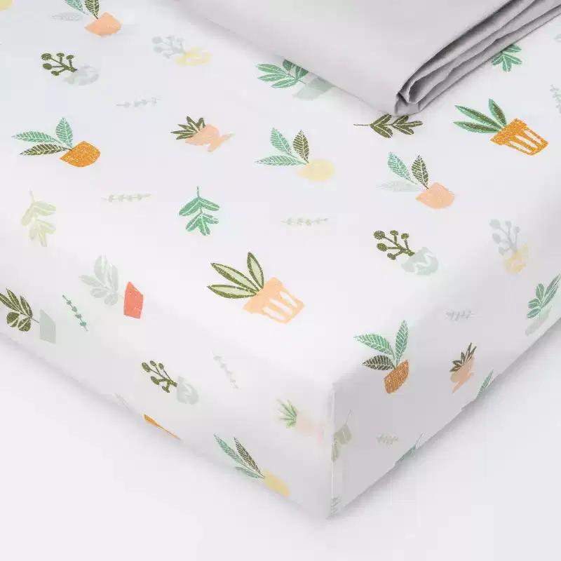 Fitted Crib Sheet - Cloud Island™ - Plants/Gray - 2pk: 100% Cotton, Botanical Percale, 200 Thread Count