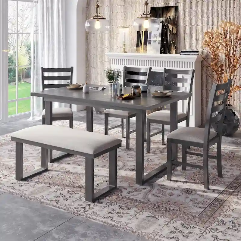 Gray Rustic 6-Piece Wooden Dining Table Set with Rectangular Table & 4 Chairs