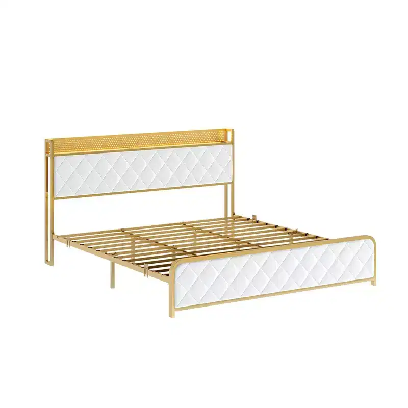 King Size Bed Frame , Upholstered Headboard and Footboard,Metal Slat Support, Easy to Assemble Noise Free,Beige
