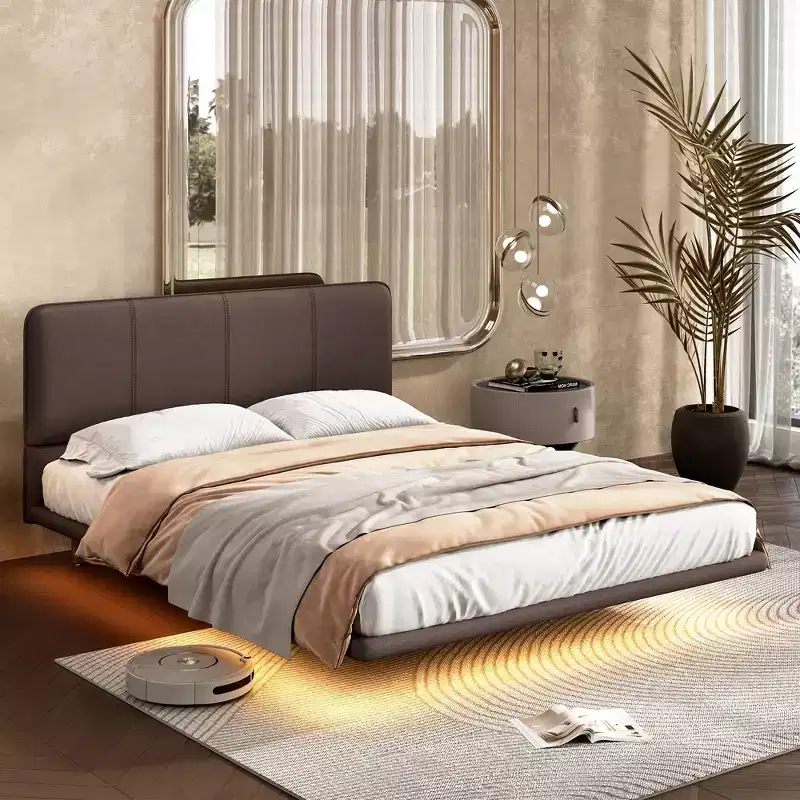 Floating Platform Bed with LED Lights and PU Leather Upholstery