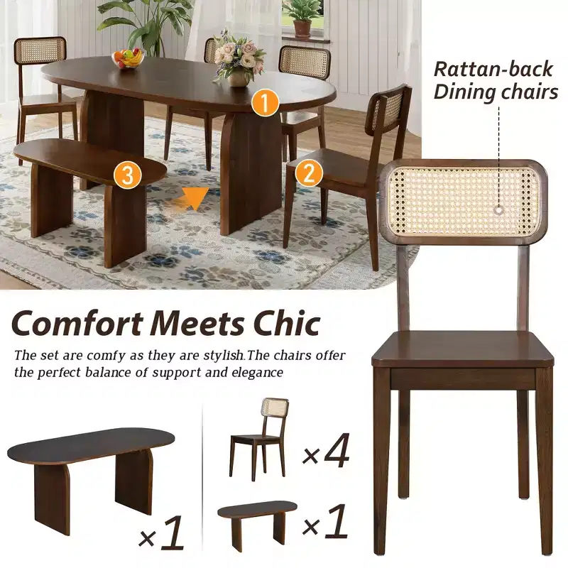 Whisen 6-Piece Oval Dining Set - Rubber Wood Table with 4 Rattan Chairs & Bench, Modern Kitchen Set for 6