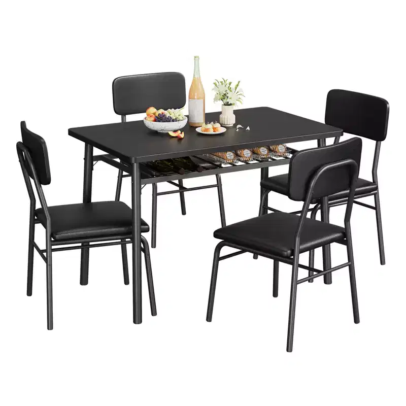 Dining Table Set for 4  5-Piece Kitchen Table and Chairs with Storage Rack, Wood Tabletop, Heavy-Duty Metal Frame, Upholstered SeatsSpace-Saving