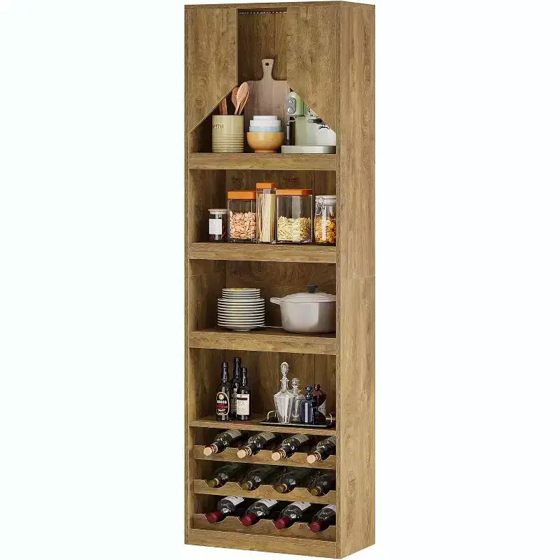 86.6 Tall Wine Bar Cabinet with Stripe Light, Farmhouse Home Bar Liquor Cabinet with Wine Racks for Kitchen, Dining Room