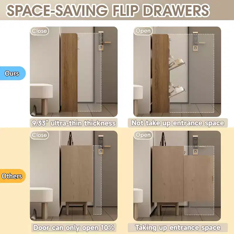 Rattan Shoe Storage Cabinet with 4 Flip Drawers & 2 Drawers, Freestanding Organizer for Front Door Entrance, Hidden Narrow Shoe Rack Cabinet Storage