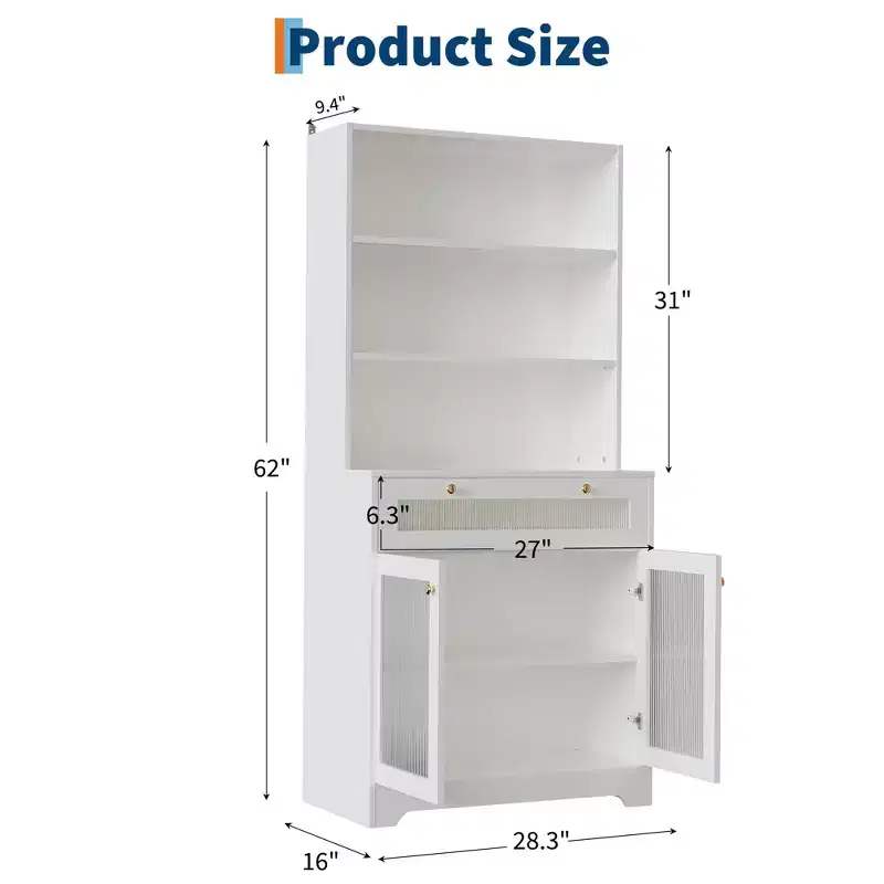 62 Farmhouse Pantry Cabinet with Glass Doors,3-Tier Open Shelf & Drawer, Adjustable Shelves for Kitchen, Dining Room Storage Organizer