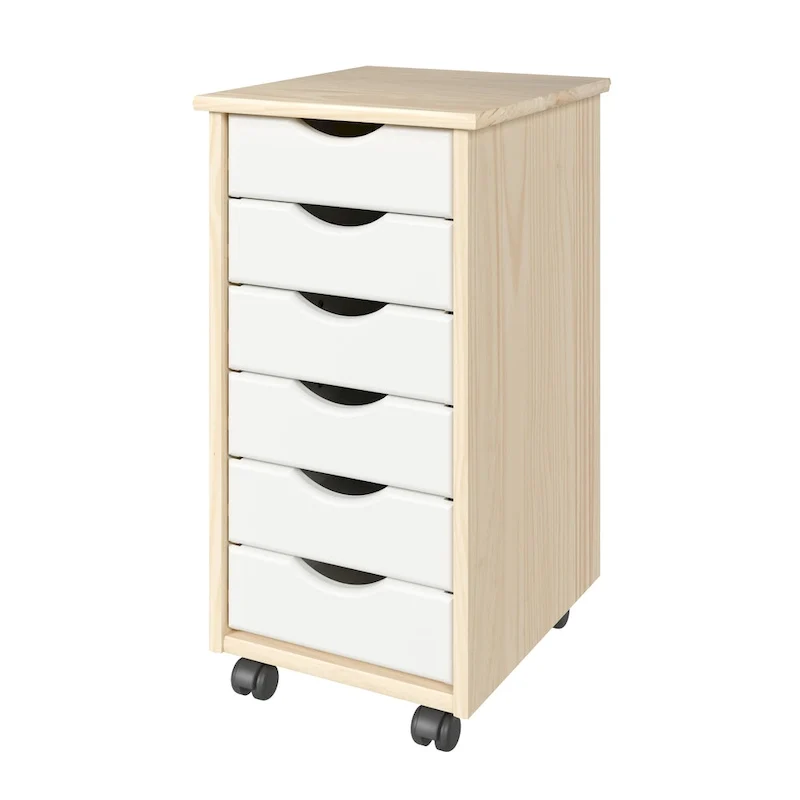 Solid Wood 6-Drawer Narrow Roll Cart with Casters