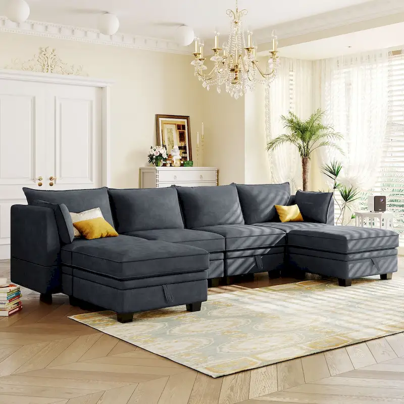 ModernU-Shape Modular Sectional Sofa, Convertible Sofa Bed with Reversible Chaise for Living Room, Storage Seat,6-piece