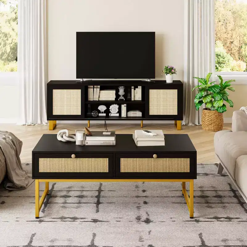 Rattan Coffee Table with 2 Drawers and Wood Top, 45.6 Inch