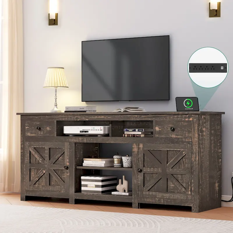 Moasis 70 Farmhouse TV Stand, Entertainment Center with Power Outlet for TVs Up to 80 Inch - 70L x 15.5W x 30H