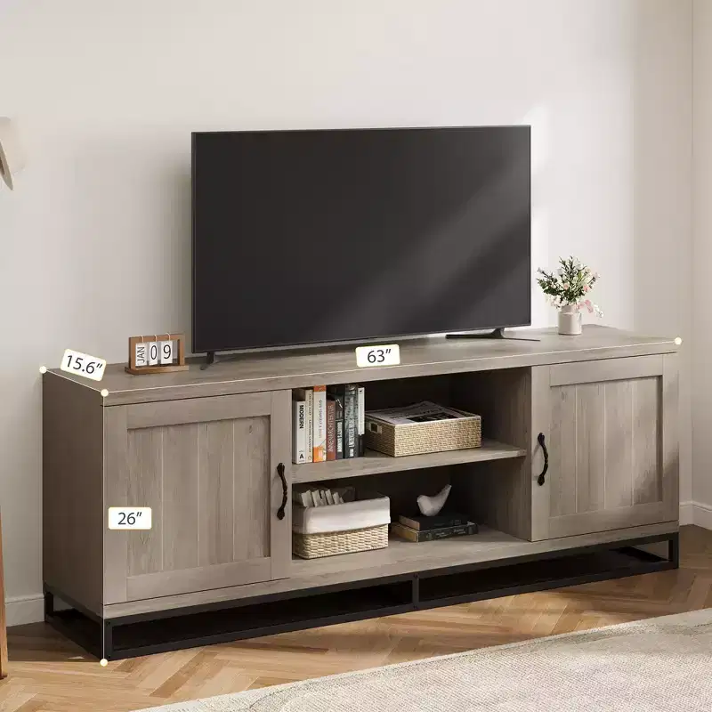 63-Inch Mid-Century Modern TV Stand with Push-Open Cabinets and Open Shelves