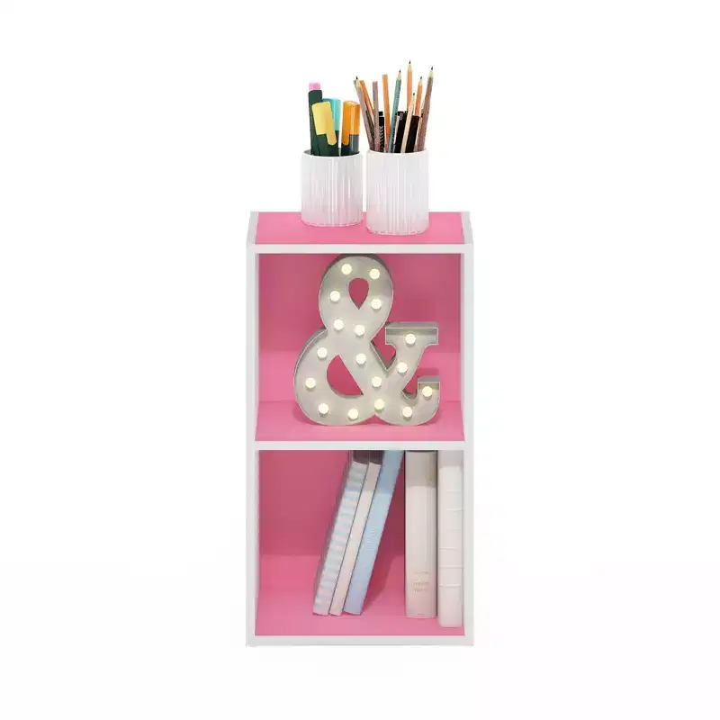 2 Tier Open Decorative Bookshelf Night Stand End Table Sofa Side Storage Display Bookcase, Pink/White