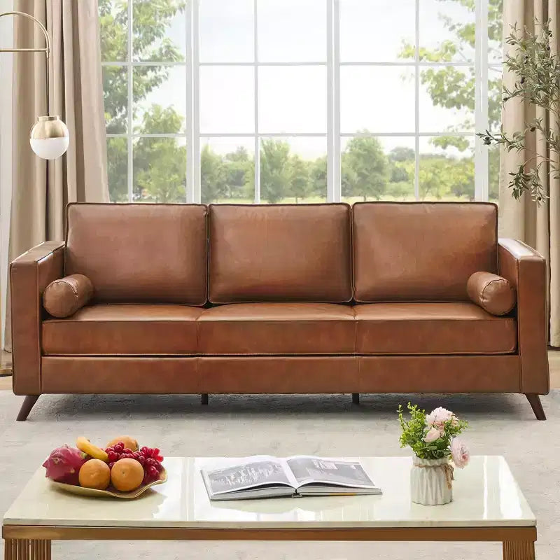 80 Leather Sofa, Mid-Century Modern Deep Seat Couch 3-Seat Sofa for Living Room