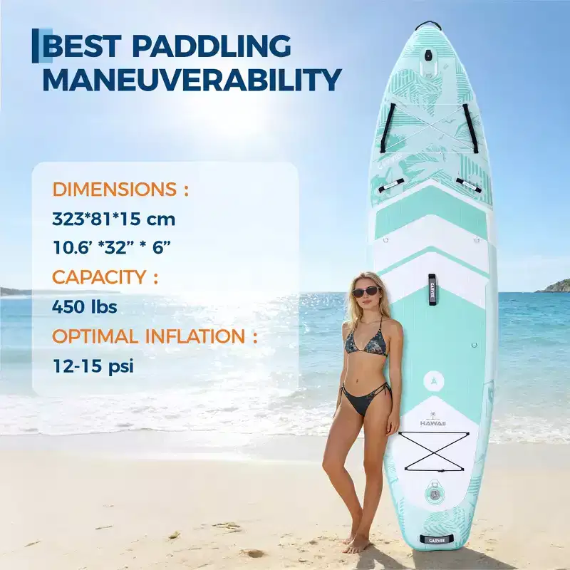PVC Inflatable Paddle Board Blue Green Palm Leaf Design, Wide for Stability