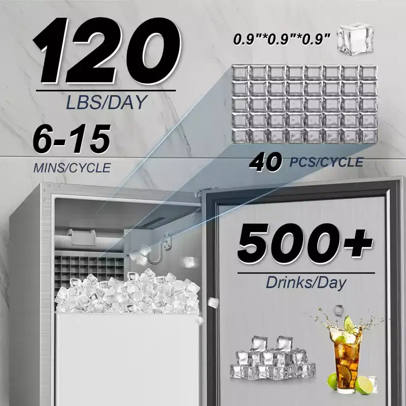 Hooure 15 in. 100 lbs./Day Full Size Cube Undercounter Commercial Ice Maker with 35 lbs. Ice Storage Bucket in Stainless Steel