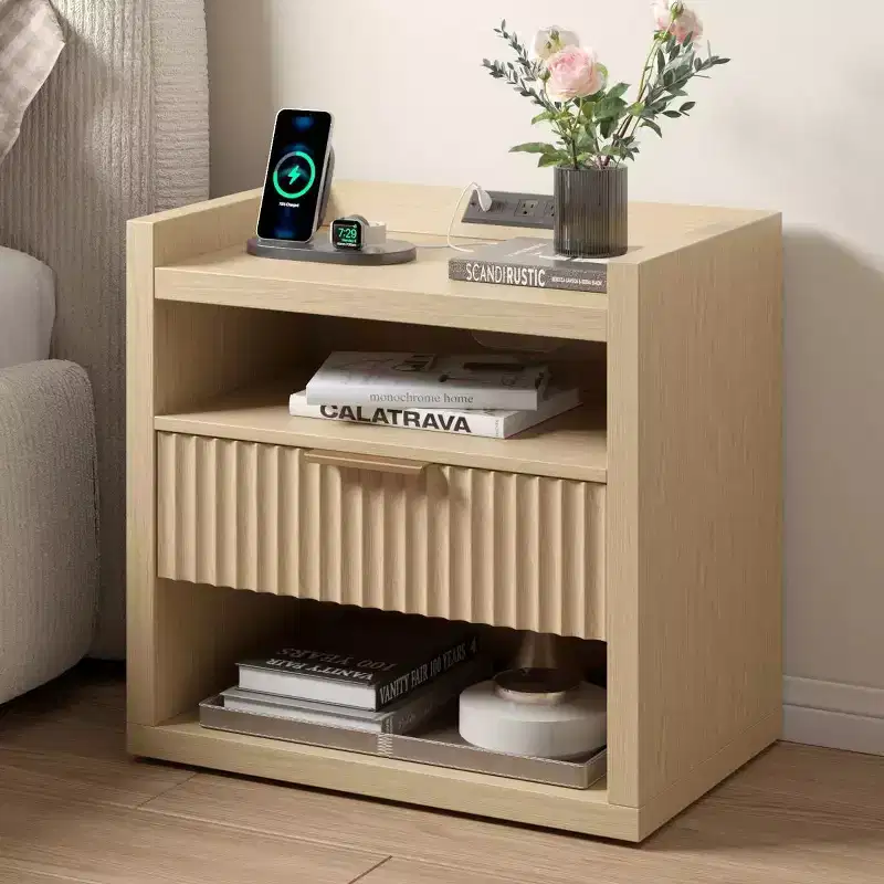Wood End Table With Charging Station 1 Drawer Nightstand Large Modern Bedside Table Storage Accent Cabinet For Living Room Bedroom Home Office USB