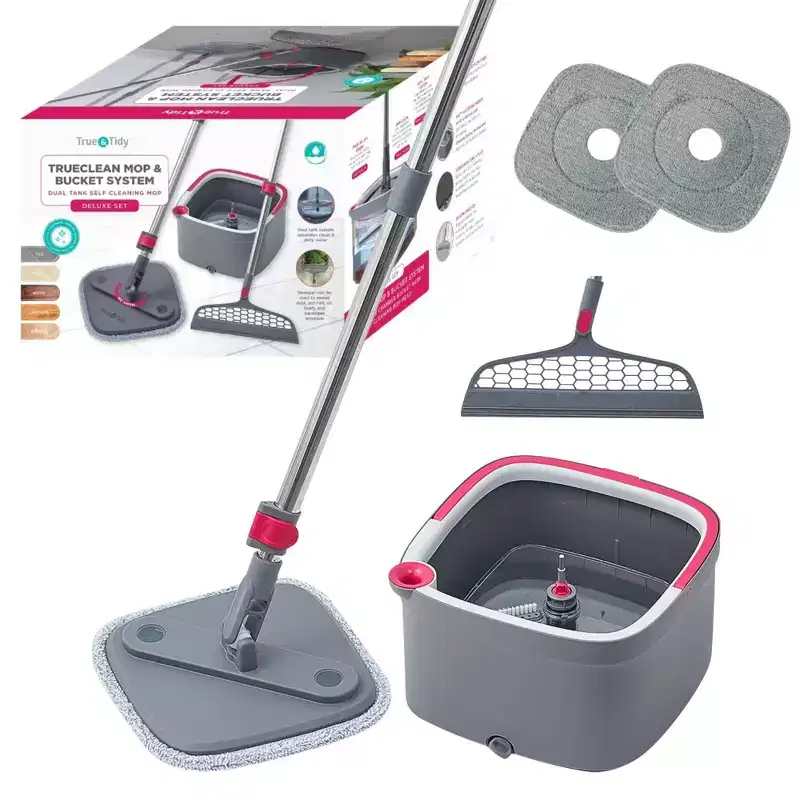 True & Tidy TrueClean Spin Mop & Bucket System with Silicone Sweeper: Microfiber, Plastic, Cleaning Tools, Gray