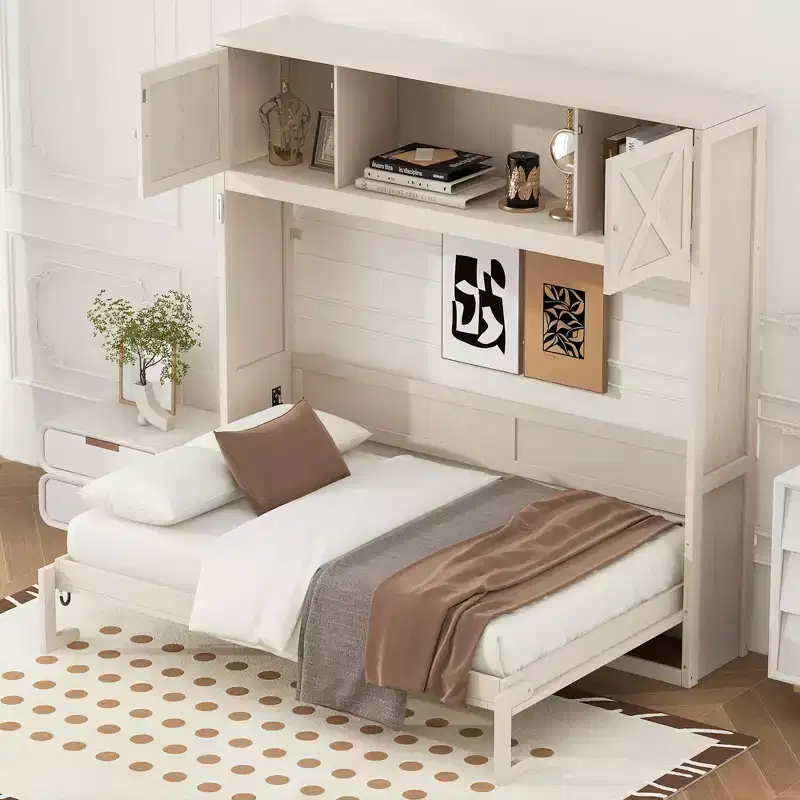Queen Murphy Bed Cabinet Bed, Queen Size Murphy Bed with Storage Cabinets, Wood Queen Wall Bed Chest Murphy Bed Frame