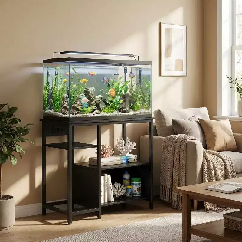Fish Tank Stand with Power Outlets, Heavy Duty Metal and Wood Aquarium Stand with 4-Tier Open Storage Shelves and Sturdy Legs